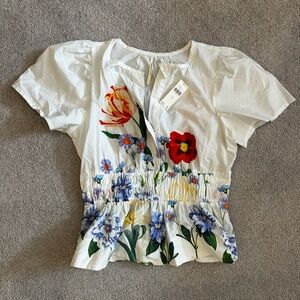 Anthropologie Somerset Floral Print White Blouse